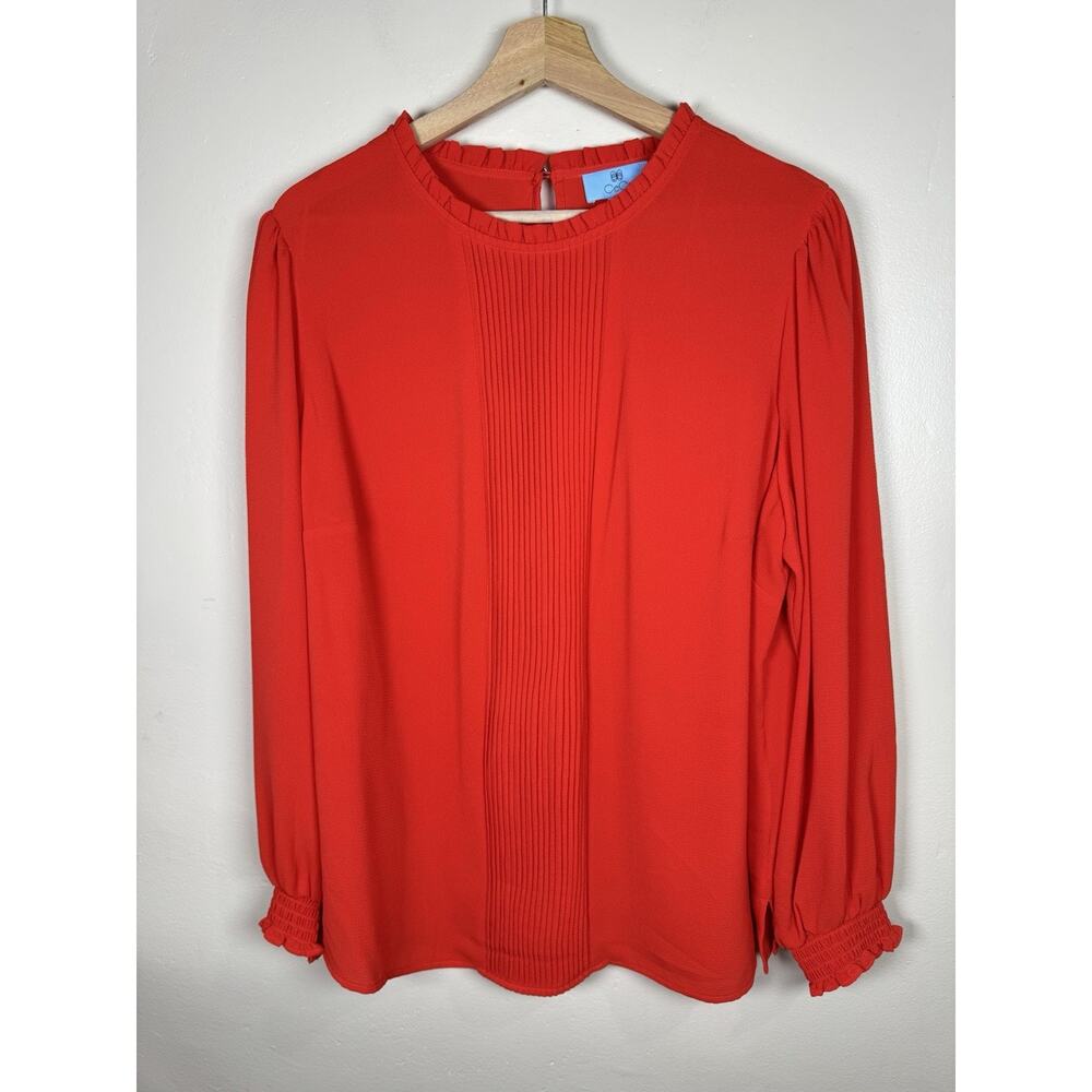 CeCe Women's Plus Size Blouse Office Career 1X Cuff Pin tuck Chiffon Orange